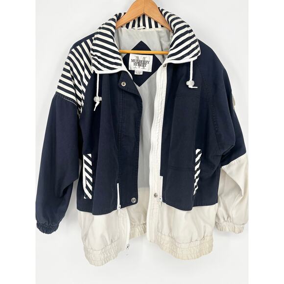 Mulberry Street Vintage 80's Nautical Striped Front Zip Hooded Jacket Size M - Picture 1 of 11